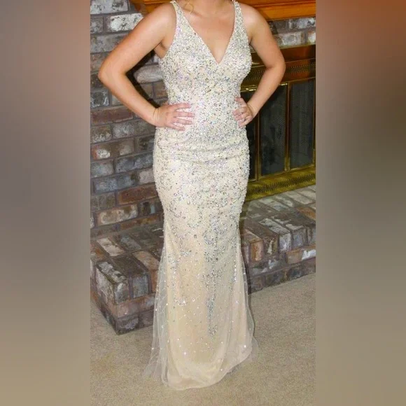 beige sparkly prom dress Ellie Wilde EW122067